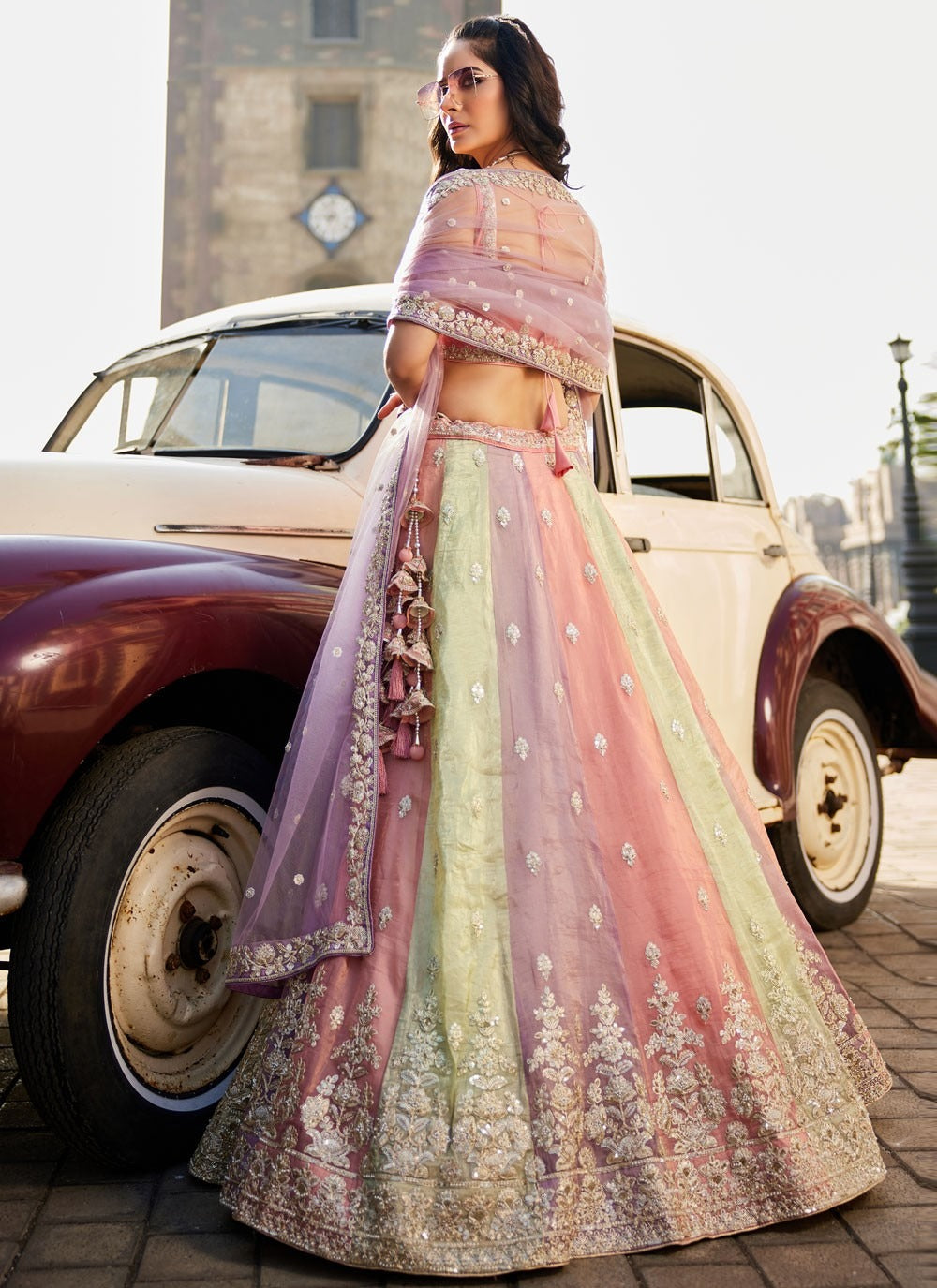 Designer Tissue Multi Color Lehenga Choli with Lavender Dupatta