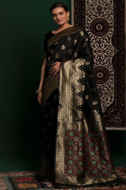 Black Woven Zari Work Saree for Indian & Pakistani Wedding Functions