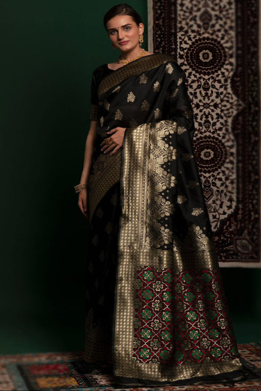 Black Woven Zari Work Saree for Indian & Pakistani Wedding Functions