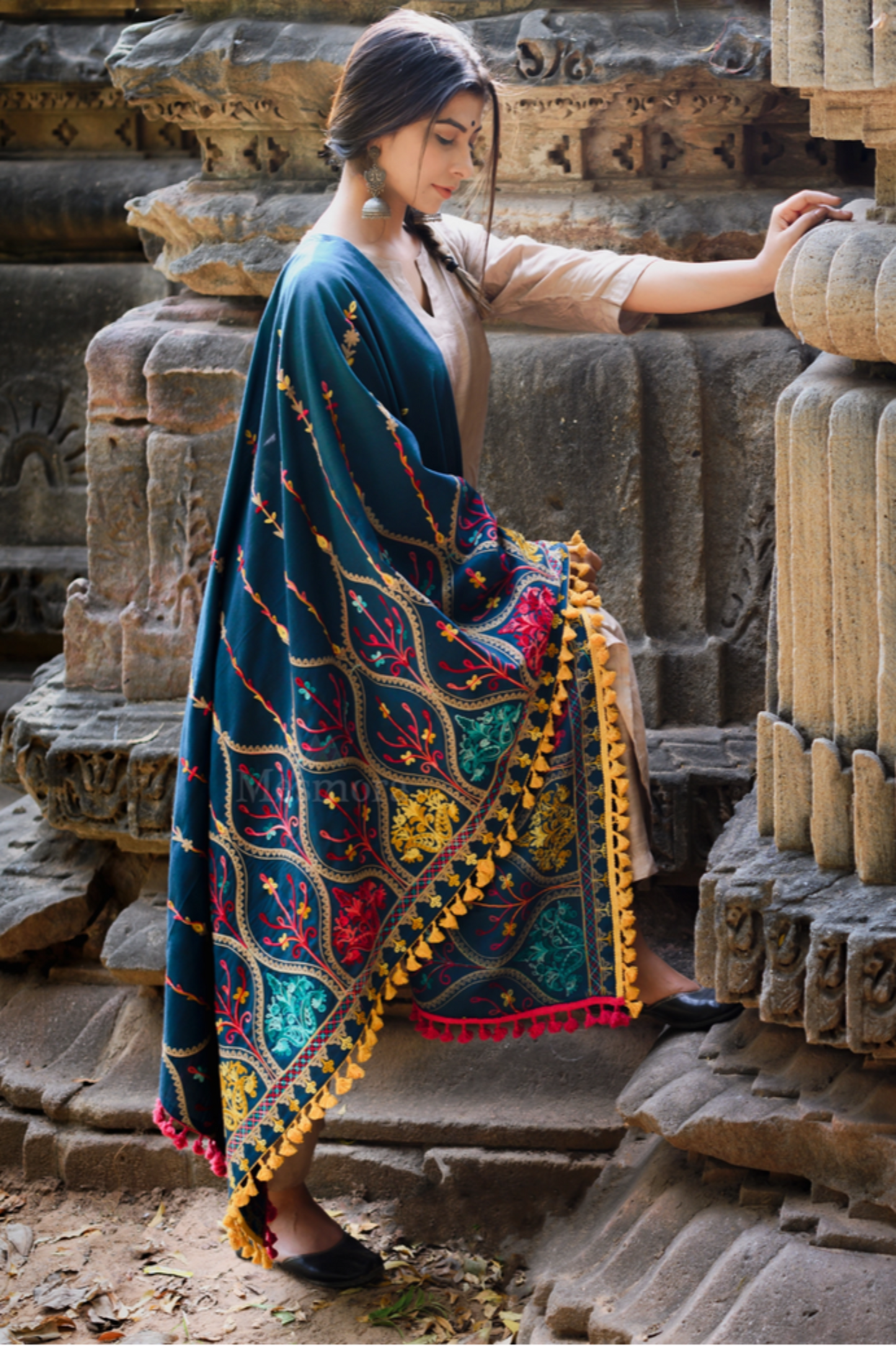 Teal Blue Multi Color Heavy Embroidery Worked Khadi Cotton Dupatta With Yellow Lace