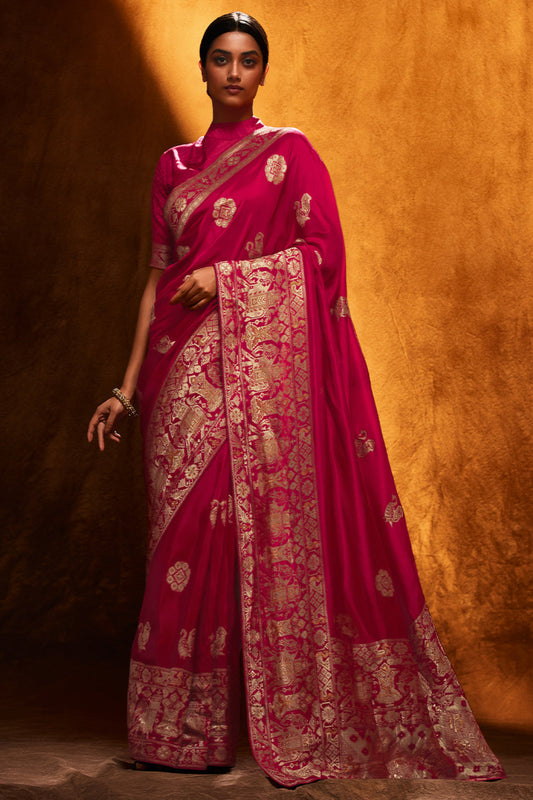 Wonderful Pink Color Design Satin Silk Fabric Digital Printed Saree For Wedding Special