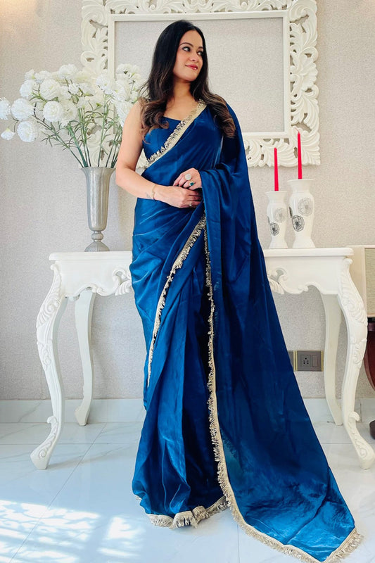 Traditional Designer Dark Blue Satin Silk & Net Sequins Work Saree For Festival Wear