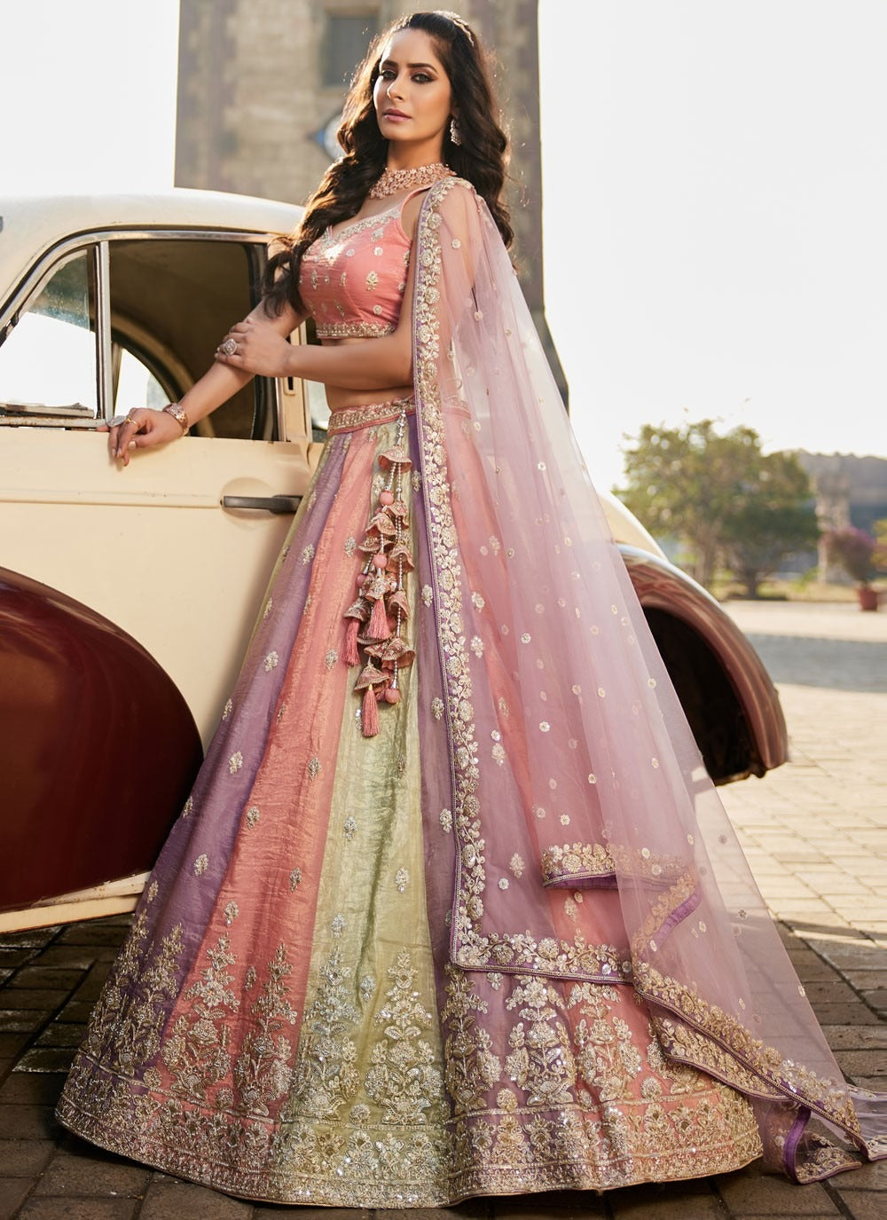 Designer Tissue Multi Color Lehenga Choli with Lavender Dupatta