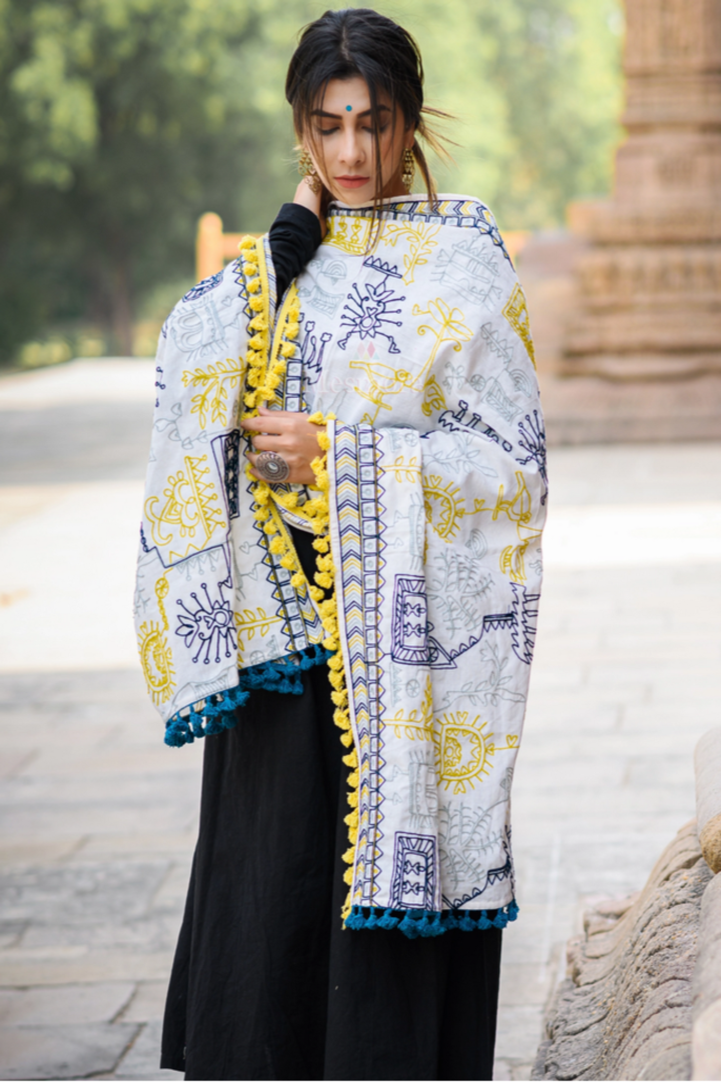 Embroidered White Designer Khadi Cotton Shawl Dupatta For All Occasion