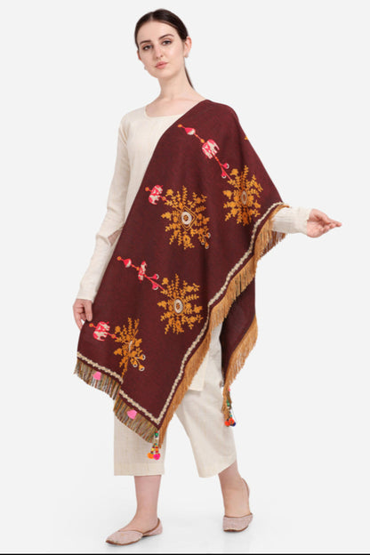 Brown Embroidered & Floral Print Khadi Cotton Dupatta