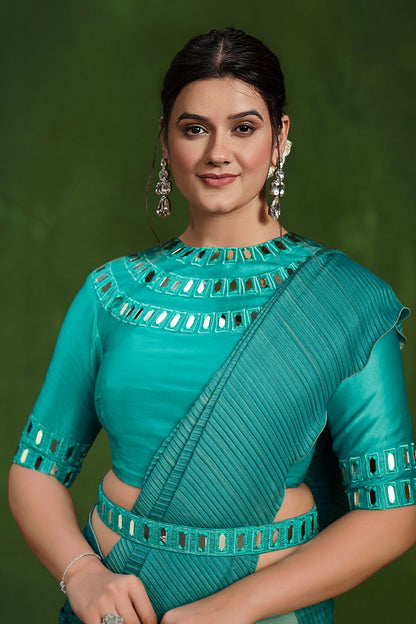 Ready to Wear Indian Designer Teal Blue Color Party Wear Beautiful Saree with Stitched Blouse