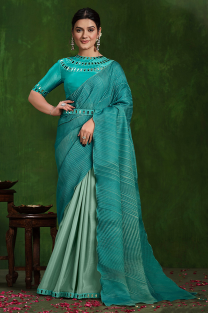 Ready to Wear Indian Designer Teal Blue Color Party Wear Beautiful Saree with Stitched Blouse