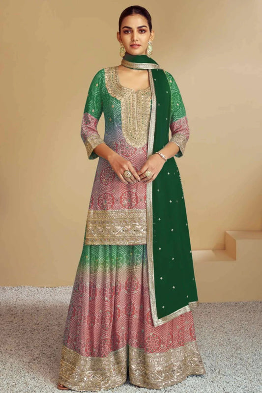 Green Chinon Salwar Kameez Palazzo Suit with Net Dupatta for Wedding