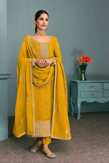 Yellow Georgette Silk Kameez with Pant For Indian Suit Festivals & Pakistani Weddings - Embroidery Work