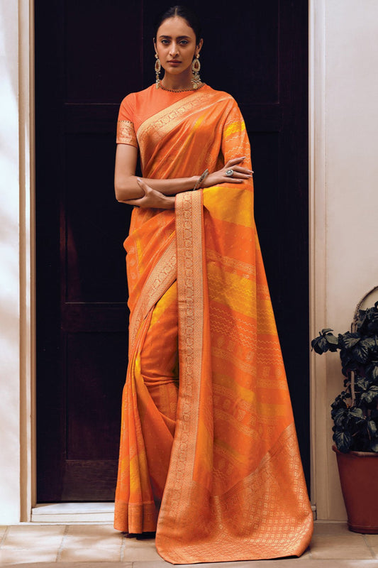 Attractive Orange Designer Viscose Blouse Digital Printed Bandhani Printed Saree