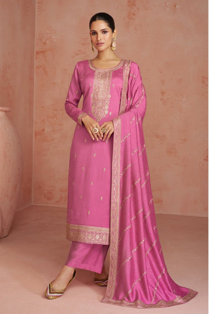 Pink Colour Embroidery Work Silk Kameez With Pant For Indian-Pakistani Wedding-Festival