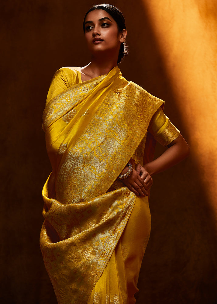 Yellow Designer Viscose Silk Fabric For Haldi Function Wear Saree With Satin Silk Blouse
