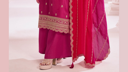 New Style Dark Pink Color Embroidery Work Palazzo Dress With Dupatta