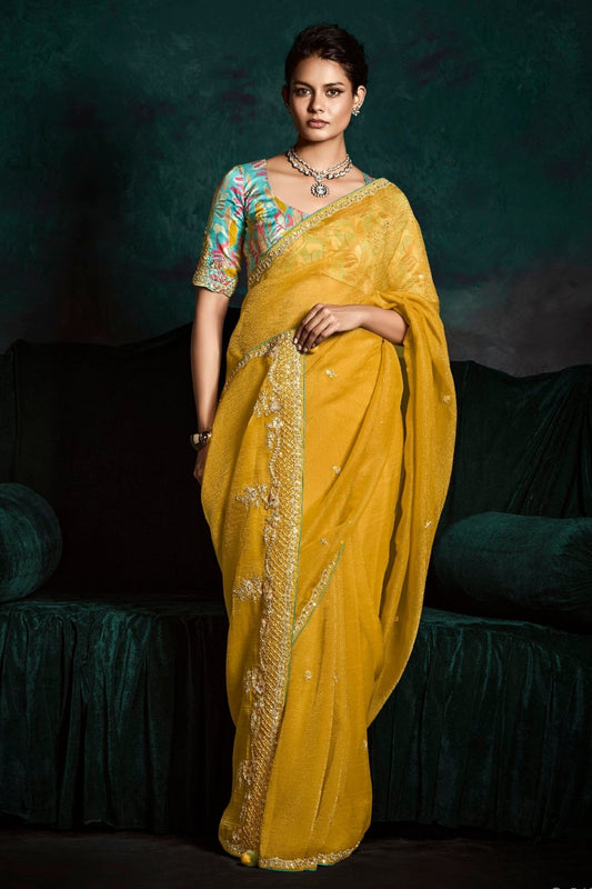 Yellow Color Satin Silk Design Haldi Function Wear Saree With Floral Print Blouse