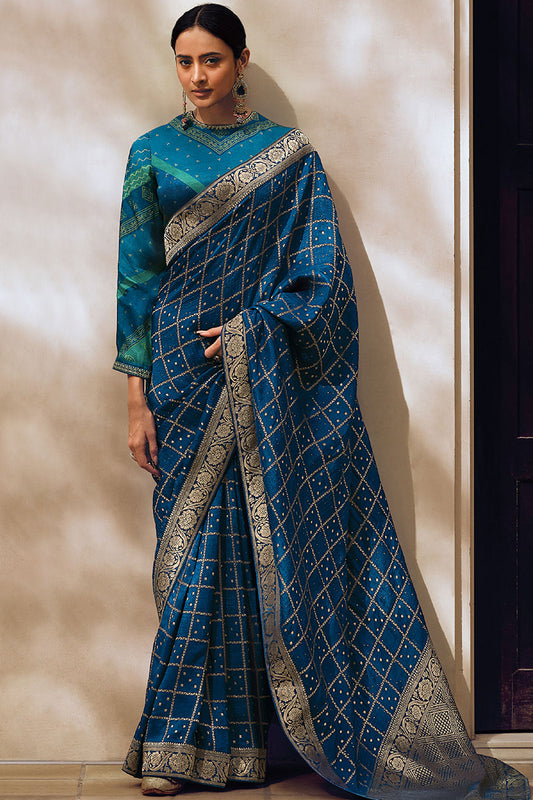 Viscose Silk Designer Bandhani Printed Saree With Teal Blouse For Wedding Event Wear