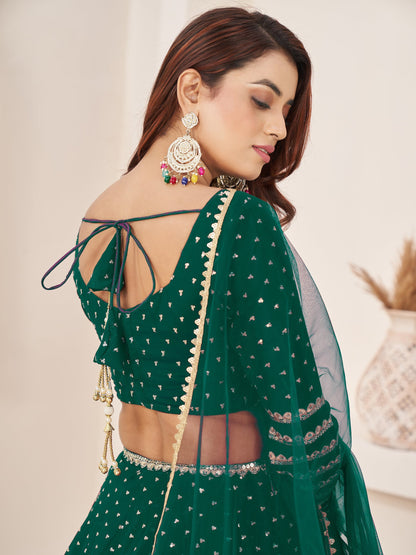 Bollywood Style Dark Green Color Embroidery Work Bridal Look Lehenga For Wedding