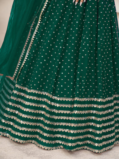 Bollywood Style Dark Green Color Embroidery Work Bridal Look Lehenga For Wedding