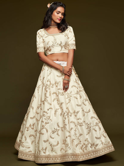 Thread Embroidery Work White Color Ready To Wear Diwali Special Outfit Silk Lehenga