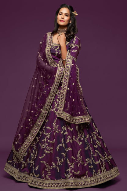 Newest Style Deep Purple Color Multi Embroidery Work Bridal Lehenga For Wedding Shoot