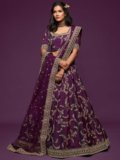 Newest Style Deep Purple Color Multi Embroidery Work Bridal Lehenga For Wedding Shoot