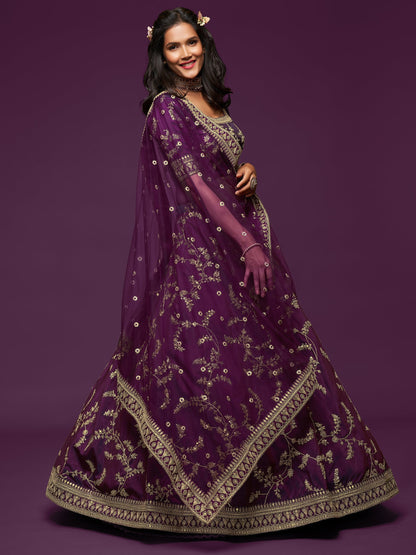 Newest Style Deep Purple Color Multi Embroidery Work Bridal Lehenga For Wedding Shoot