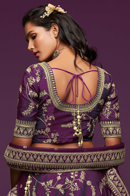 Newest Style Deep Purple Color Multi Embroidery Work Bridal Lehenga For Wedding Shoot