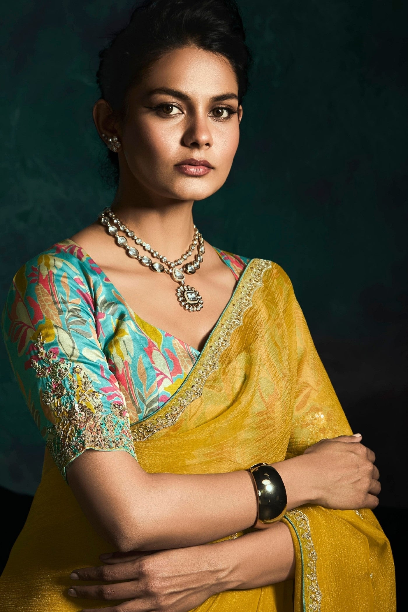 Yellow Color Satin Silk Design Haldi Function Wear Saree With Floral Print Blouse