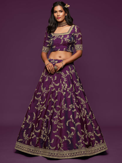 Newest Style Deep Purple Color Multi Embroidery Work Bridal Lehenga For Wedding Shoot