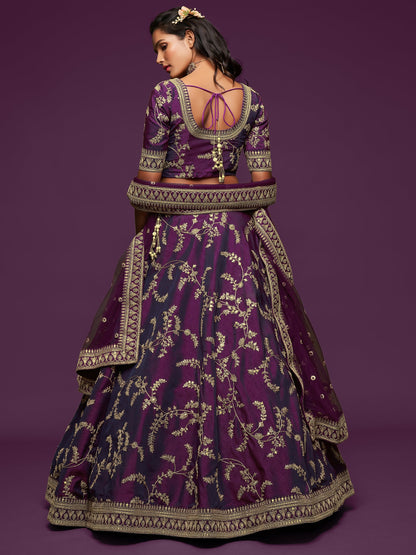 Newest Style Deep Purple Color Multi Embroidery Work Bridal Lehenga For Wedding Shoot