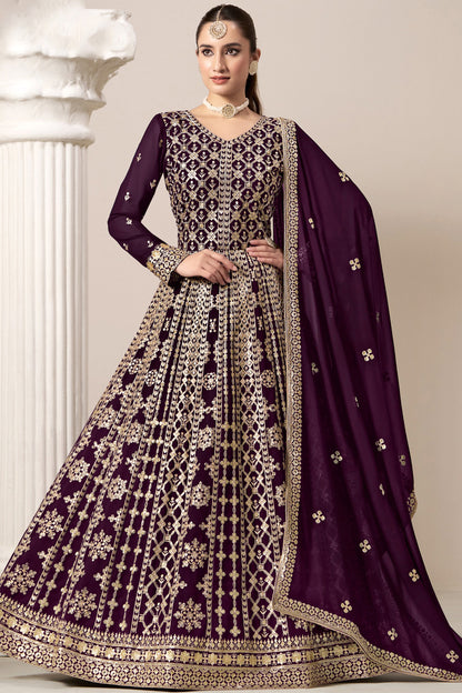 New Style Wine Color Special Anarkali Gown With Dupatta For Wedding