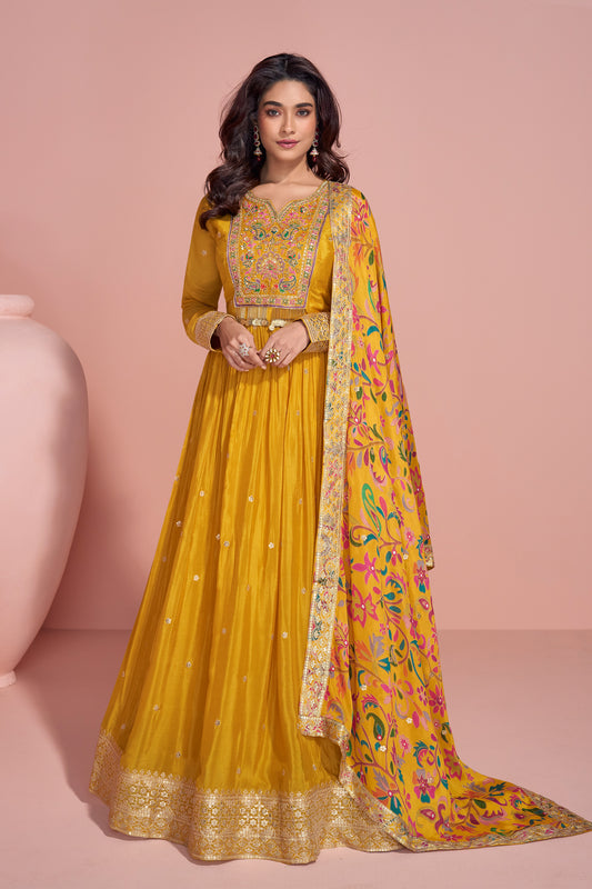 Indian Chinon Silk Anarkali Gown for Haldi with Printed Dupatta