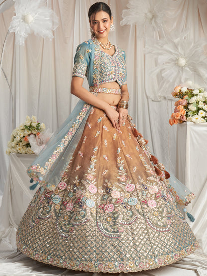 New Brown Color Silk Fabric Multi Embroidery Work Designer Lehenga With Net Dupatta