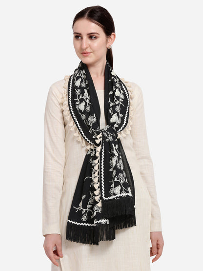 Black Floral Embroidered Pure Khadi Dupatta for Events