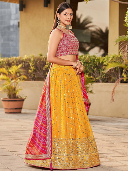 Real Georgette Yellow Color Multi Embroidery Work Ready To Wear Lehenga With Dupatta