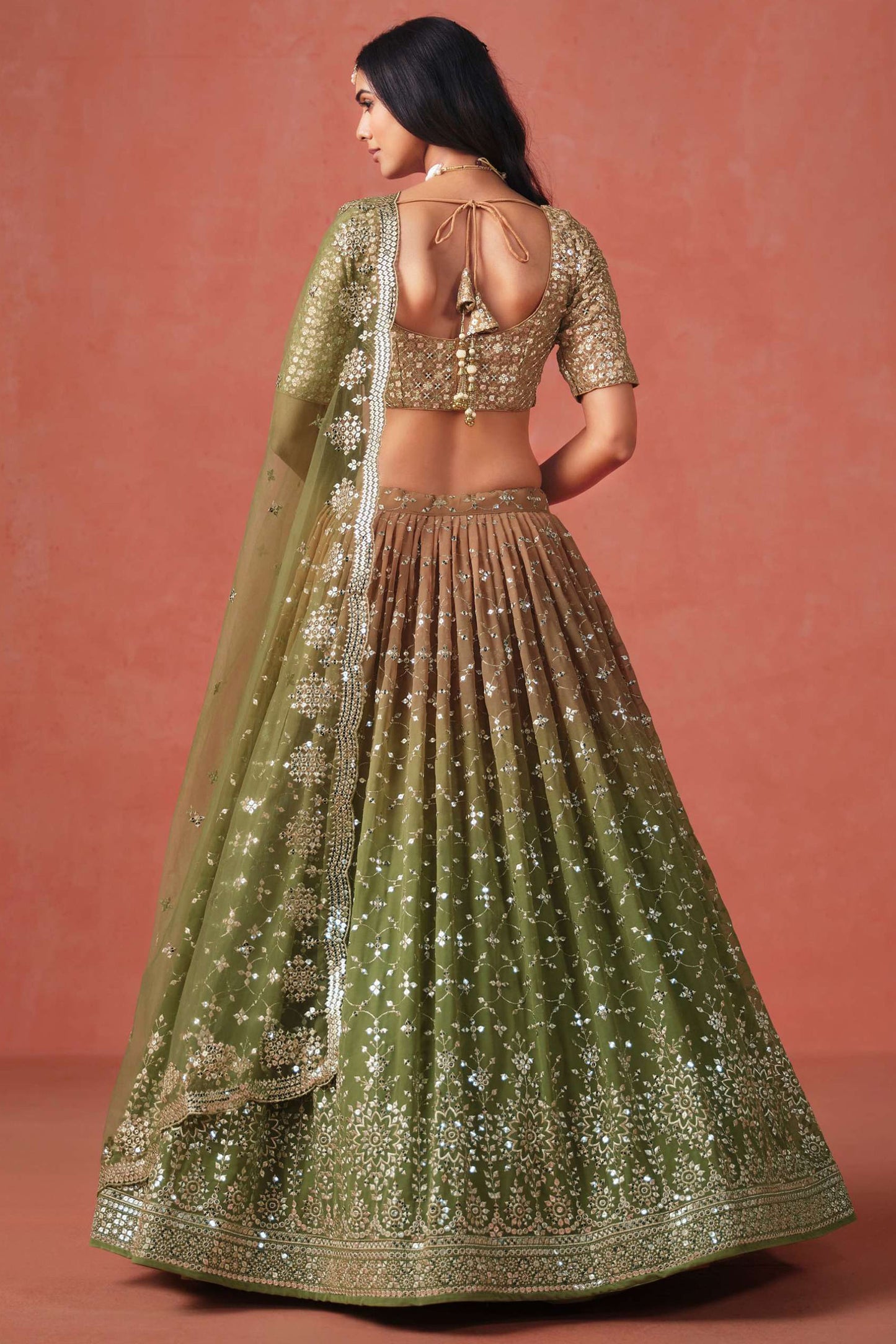 Ethnic Designer Olive Green Georgette Fabric Wedding Wear Lehenga Choli