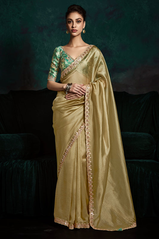 Wedding Special Designer Pastel Yellow Embroidery Work Saree With Printed Blouse