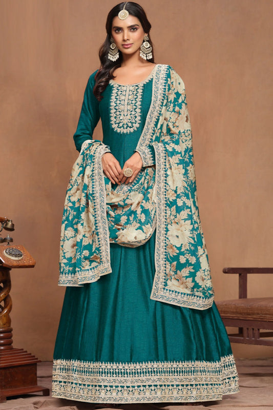 Elegant Teal Anarkali Gown with Matching Dupatta for USA Customers
