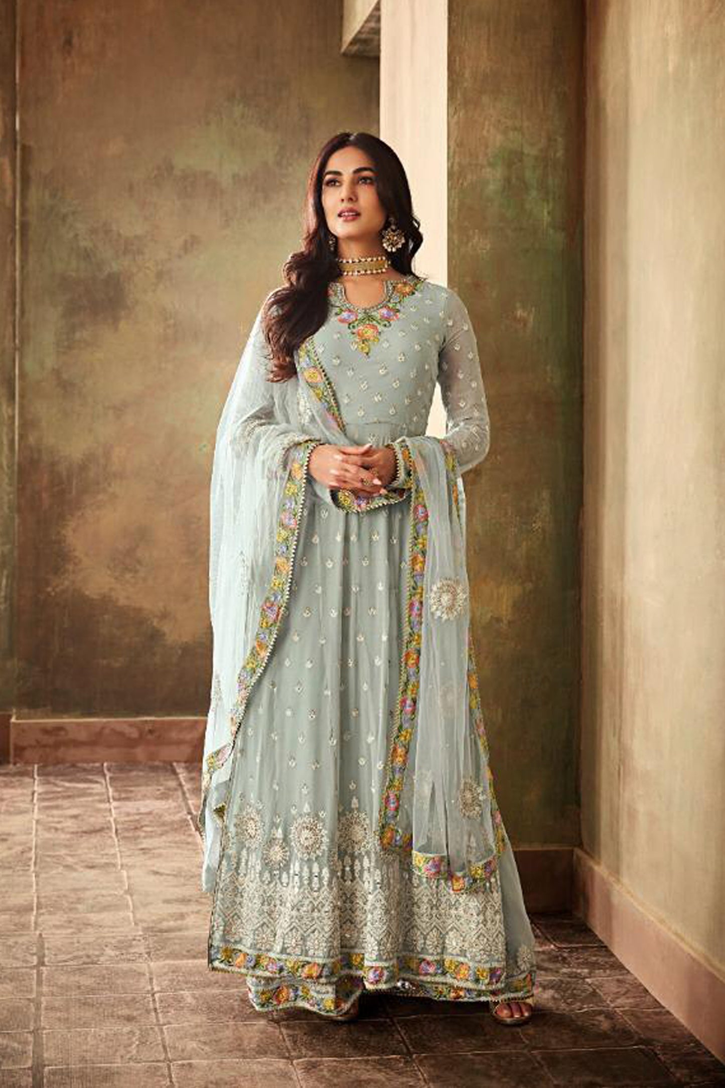 Sky Blue Georgette Plus Size Plazzo For Party-Wedding-Reception