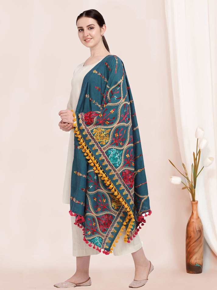 Teal Blue Multi Color Heavy Embroidery Worked Khadi Cotton Dupatta With Yellow Lace