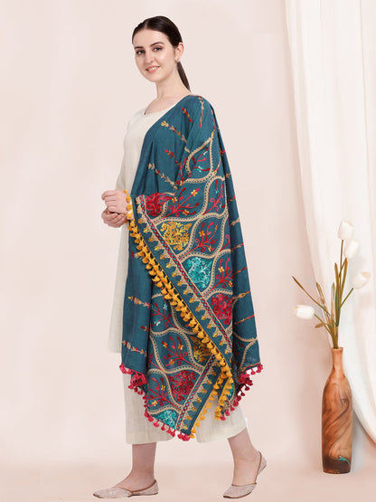 Teal Blue Multi Color Heavy Embroidery Worked Khadi Cotton Dupatta With Yellow Lace