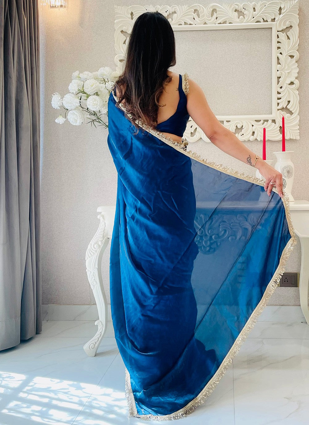 Traditional Designer Dark Blue Satin Silk & Net Sequins Work Saree For Festival Wear