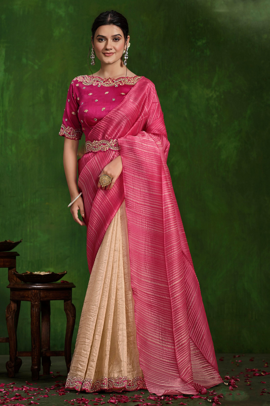 Pink Color Indian Pakistani Designer Embroidery Worked Wedding Wear Saree