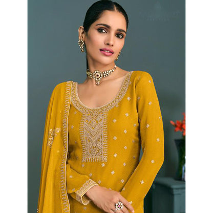 Yellow Georgette Silk Kameez with Pant For Indian Suit Festivals & Pakistani Weddings - Embroidery Work