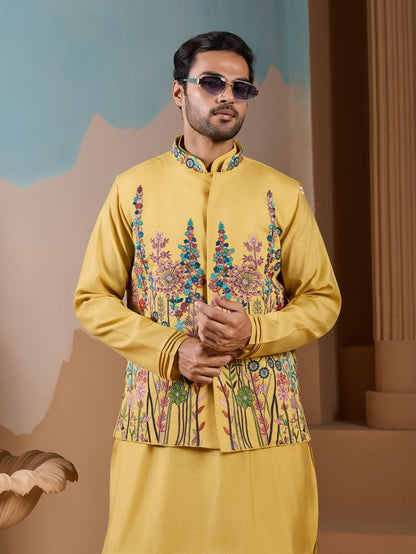 Elegant Designer Yellow Silk Men's Kurta For Wedding Special