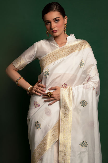 White Color Silk Designer Woven Work Wedding Wear Saree With Silk Blouse