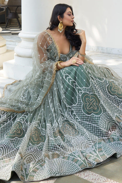 Wedding-Reception Special Olive Green Color Multi Embroidery Work Party Wear lehenga