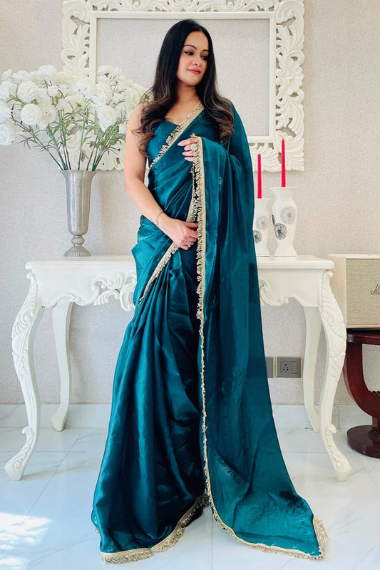 Teal Blue Designer Satin Silk & Embroidery Work Ceremonial Wear Classis Saree