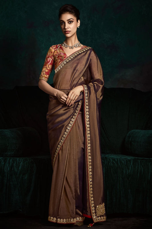 Beautiful Designer Embroidered Saree With Satin Silk Fancy Blouse
