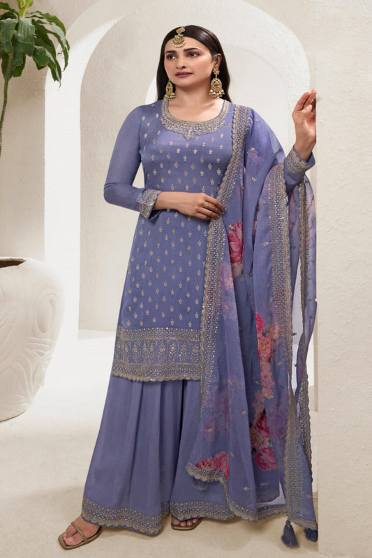 Embroidery Work & Print Work Chinon Silk Plazzo Suit For Party-Wedding