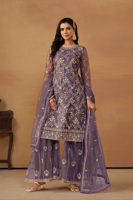 Thread & Sequence Embroidery Work Purple Net Sharara Suit For Wedding-Reception